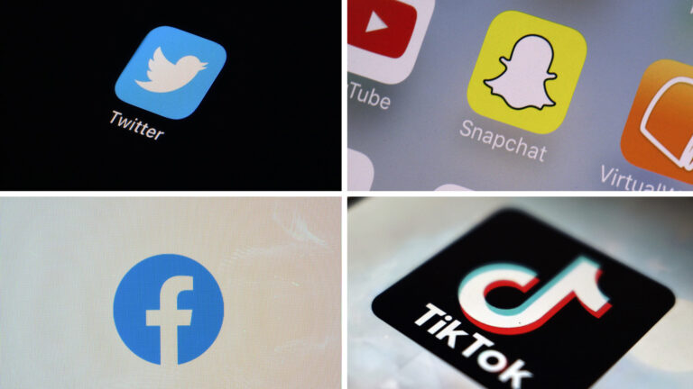A collage of four photos shows the logos of Snapchat, TikTok, Facebook and Twitter, in clockwise order from top right, as seen on the screens of different devices.