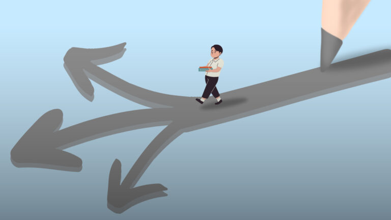 An illustration shows a student walking along a line toward three arrows pointing in different directions, with the tip of a pencil drawing the pathway.