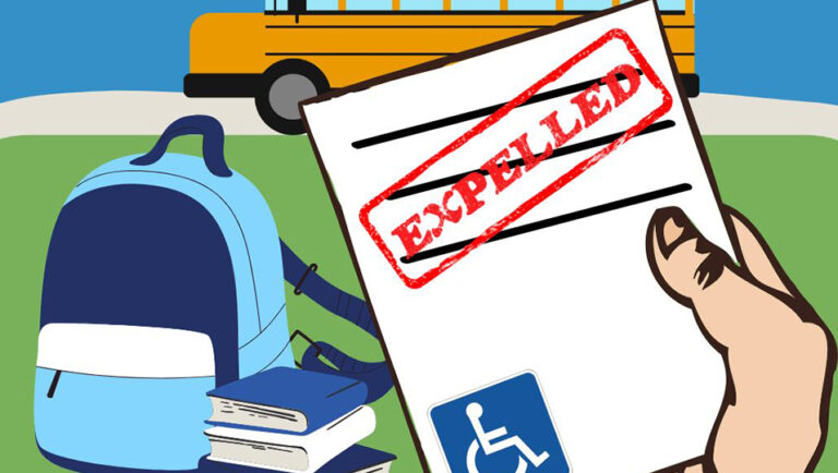 An illustration shows a hand holding a piece of paper with the International Symbol of Access and a stamped reading EXPELLED, with a backpack next to a stack of books and a school bus in the background.