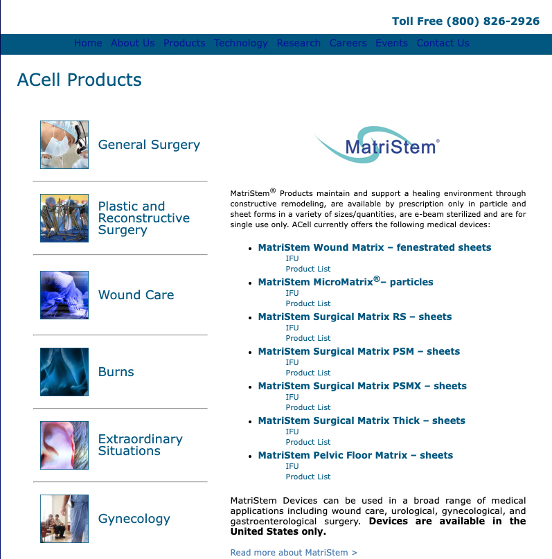 A screenshot of a website shows the header text "ACell Products" with a vertical set of online navigation categories and list of products below.