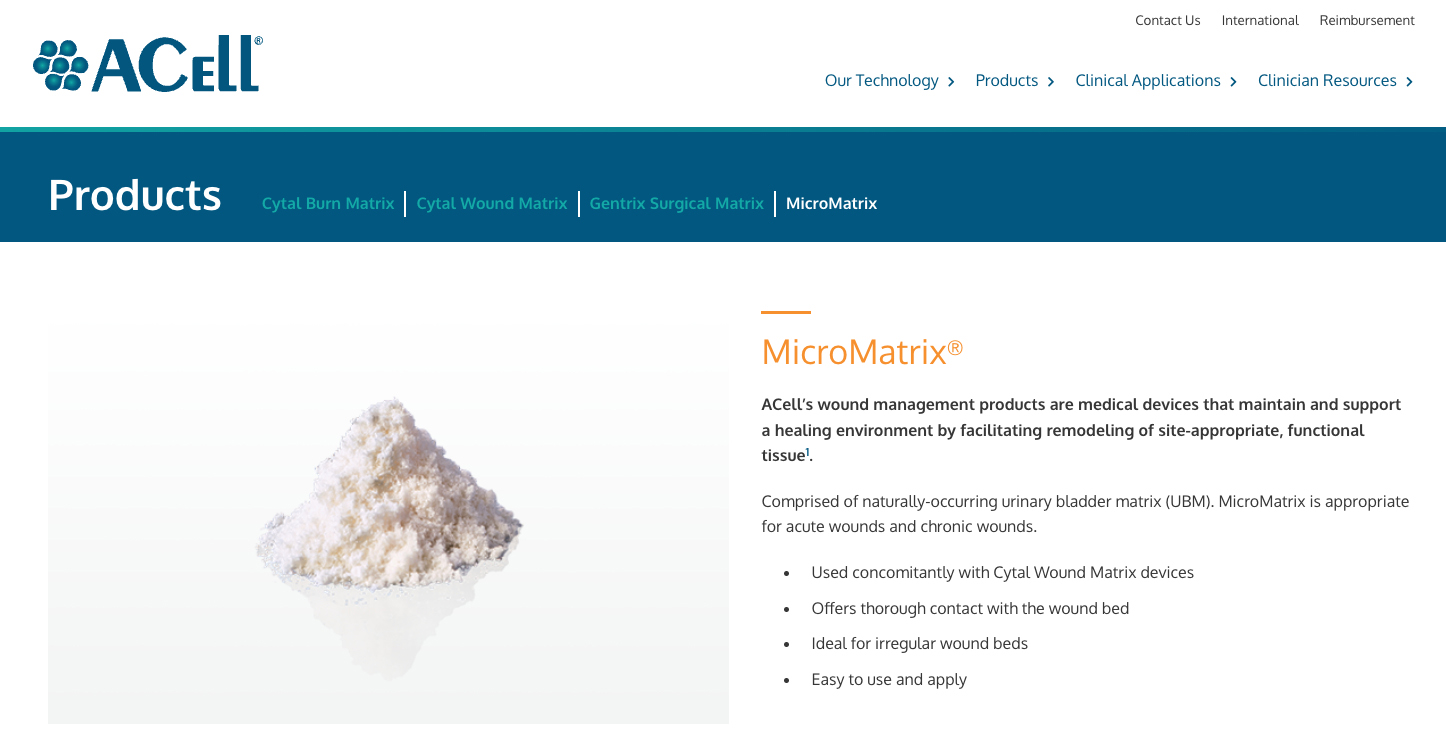 A screenshot of a website with multiple horizontal navigation categories shows a photo of its MicroMatrix product next to descriptive text about its uses.