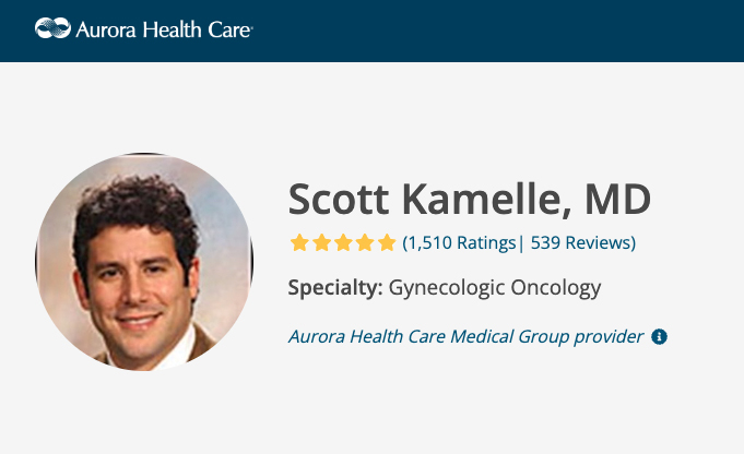 A screenshot of a website shows a thumbnail portrait alongside the words "Scott Kamelle, MD," "Specialty: Gynecologic Oncology" and a five-star rating system indicating 1,510 ratings and 539 reviews.