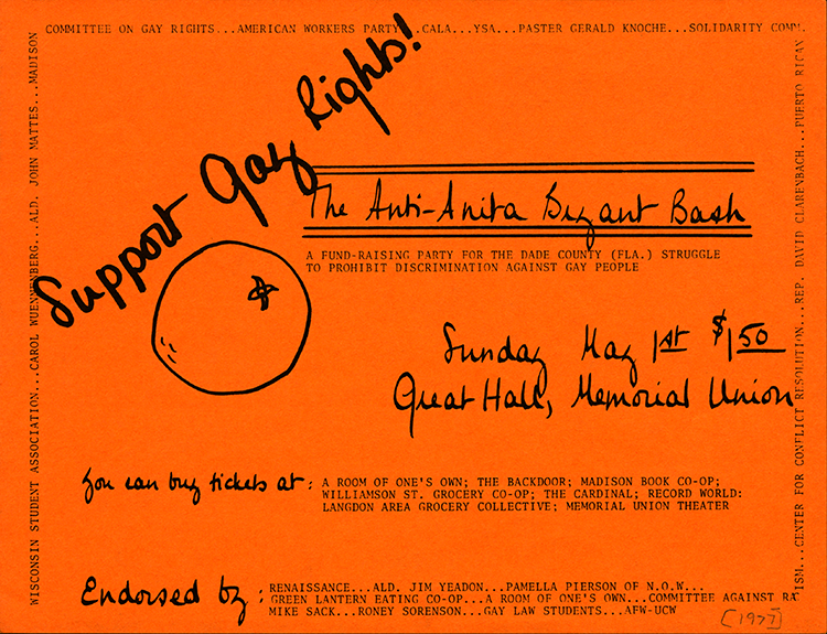 An orange flier with black type and handwriting.