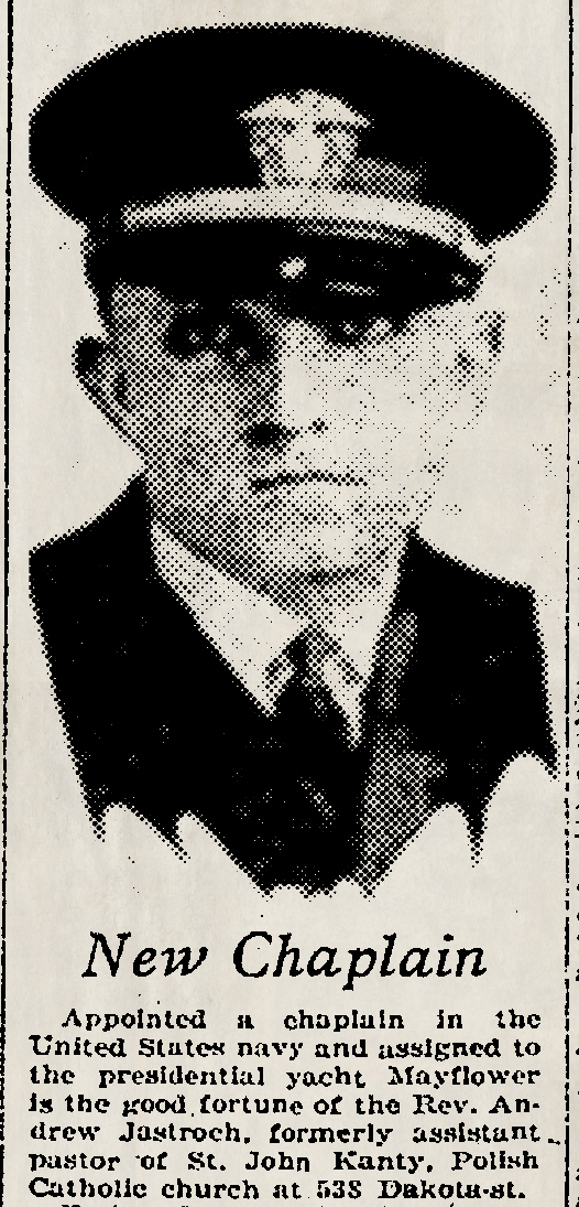 A newspaper clipping from the Milwaukee Journal with a headshot of Rev. Andrew Jastroch.