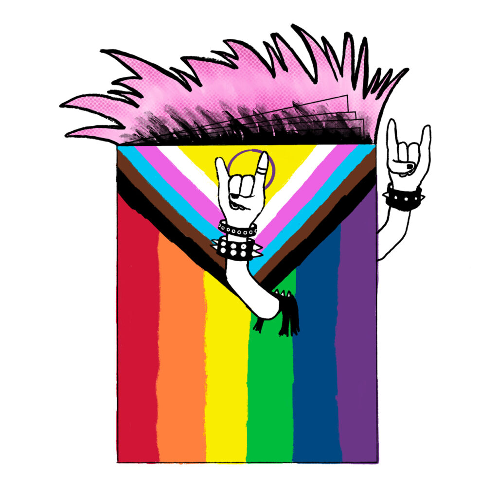 A Progress Pride flag as a zine, with a pink, punk mohawk and cartoon punk arms coming out the sides giving the "rock on" gesture.