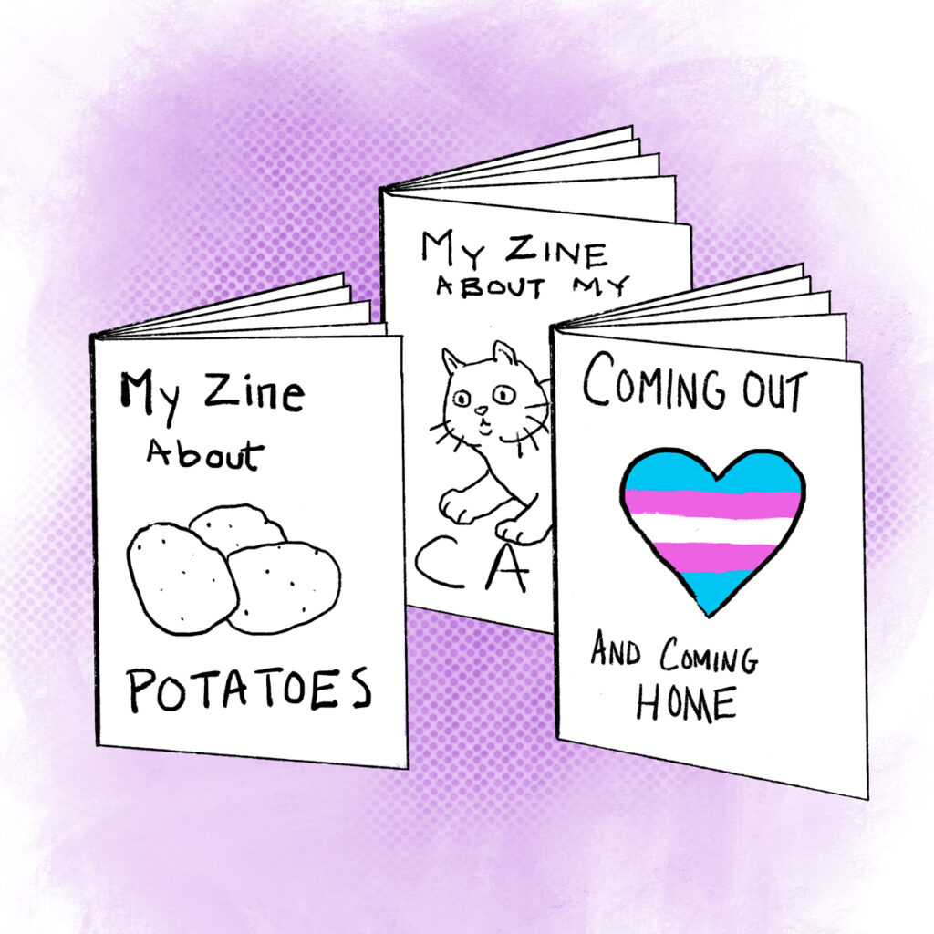 Three zines standing upright, one labeled "My Zine About Potatoes," My Zine About My Cat," and "Coming Out and Coming Home."