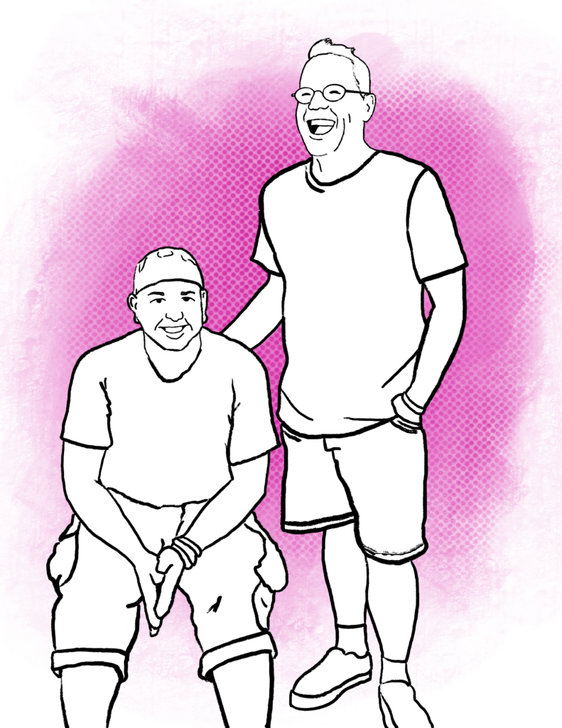 An illustration of Queer Zine Archive Founders Milo Miller and Christopher Wilde.