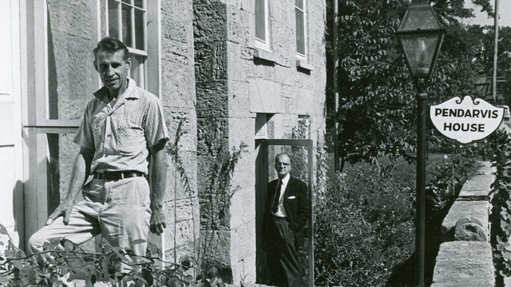 Edgar Hellum (foreground) and Robert Neal (background) in Pendarvis doorways / Mineral Point Library Archives