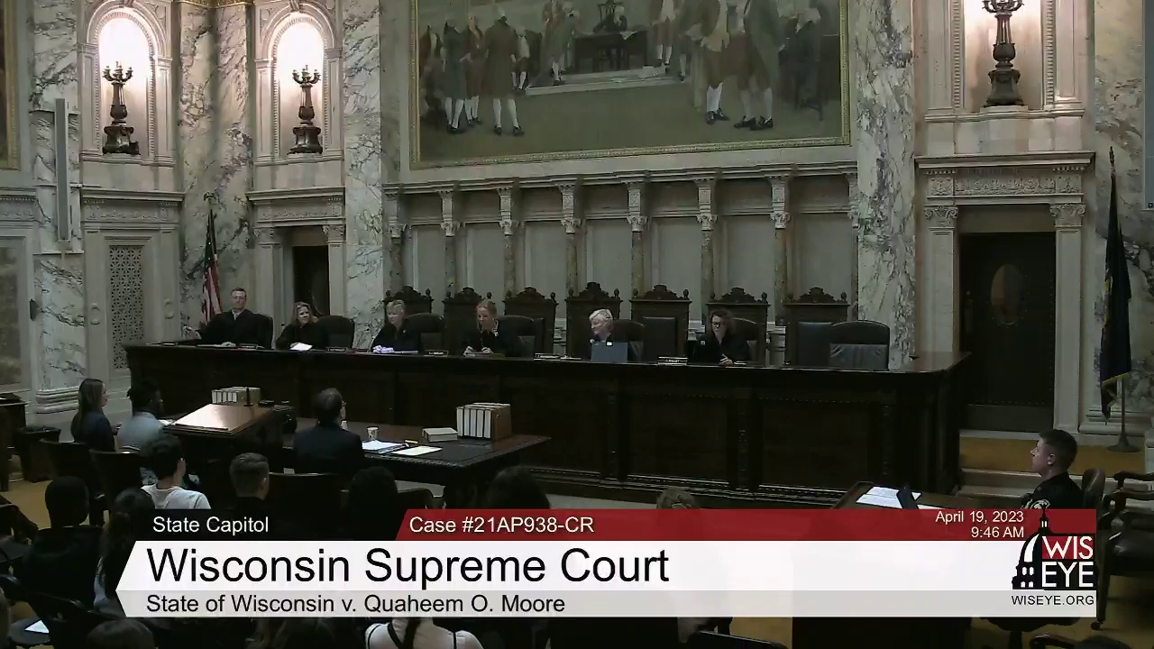 The Wisconsin Supreme Court commences oral arguments in State of Wisconsin v. Quaheem O. Moore on April 19, 2023. On June 20, the court issued a 4-3 ruling that allows police to search a single person in a vehicle based on detecting a scent like marijuana. (Credit: Courtesy of WisconsinEye)
