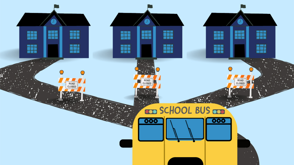 An illustration shows a school bus driving along a road that forks toward three different stylized school buildings with central clock towers topped with flags, with Road Closed barrier signs blocking each branch.
