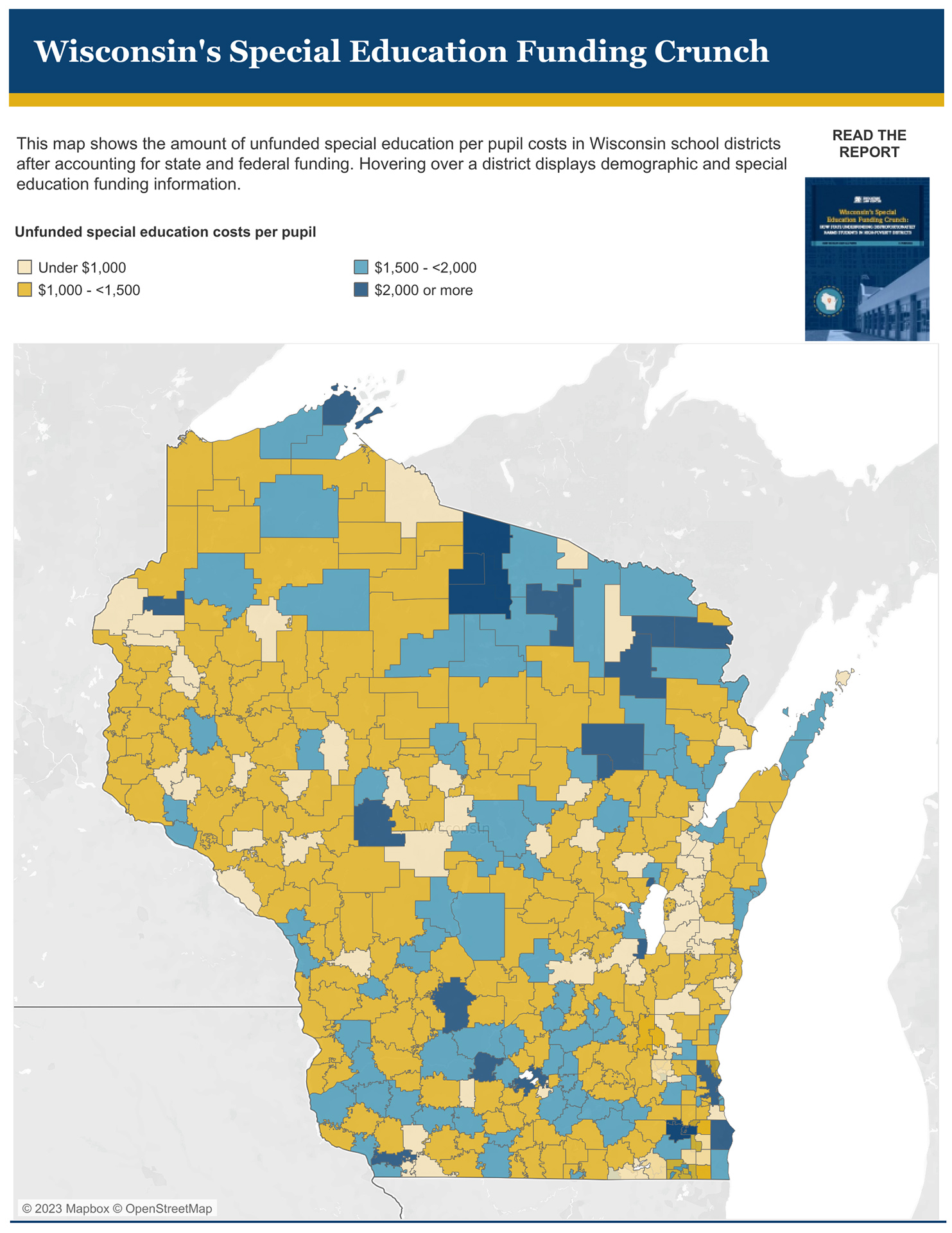 A map with the title "Wisconsin's Special Education Funding Crunch" an school district-level map of the state has this description: "This map shows the amount of unfunded special education per pupil costs in Wisconsin school districts after accounting for state and federal funding."