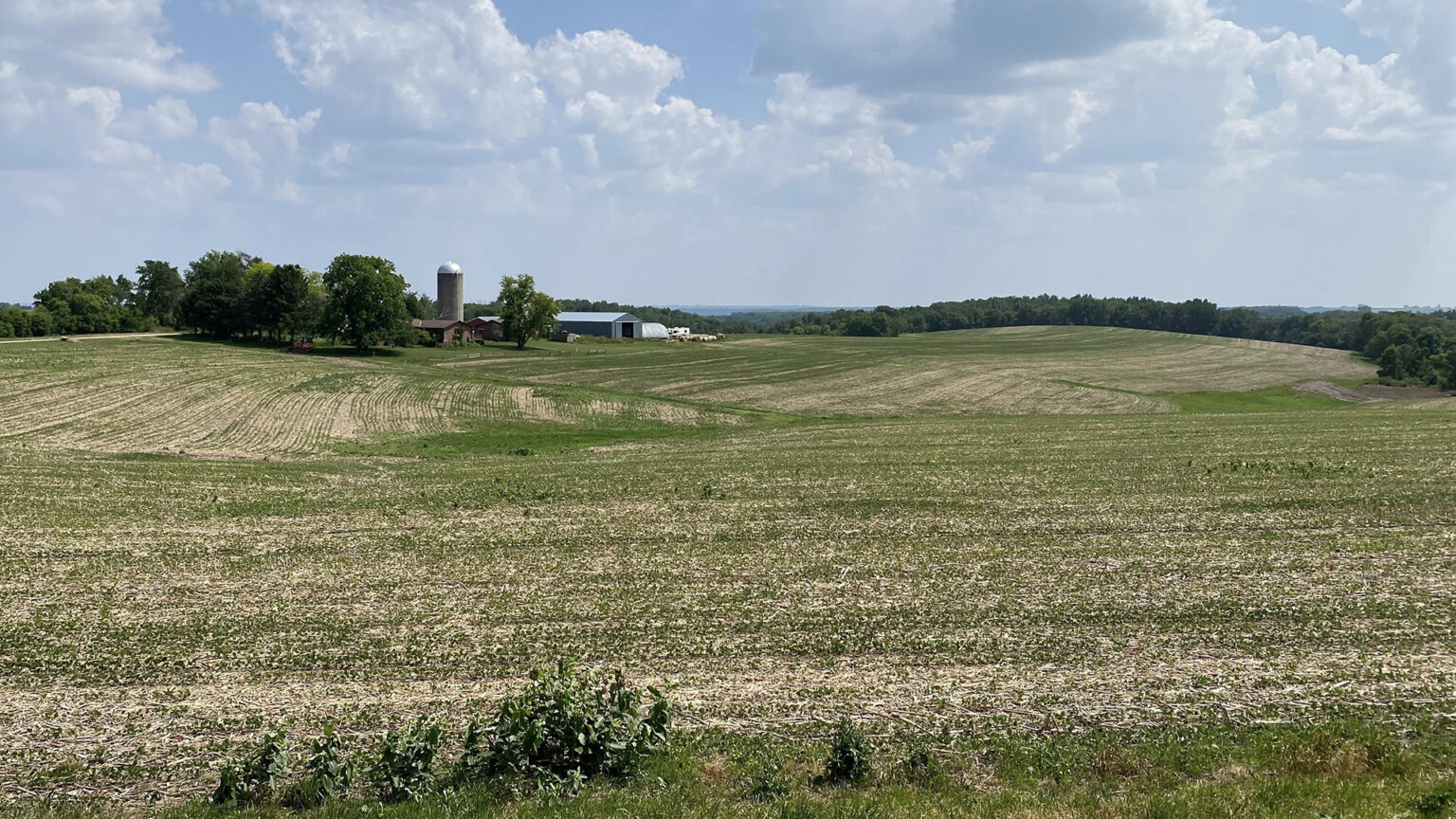 Farm buildings and a copse of trees stand atop a hill behind fields with plow rows and short crops, with wooded hills in the background under a mostly cloudy sky.