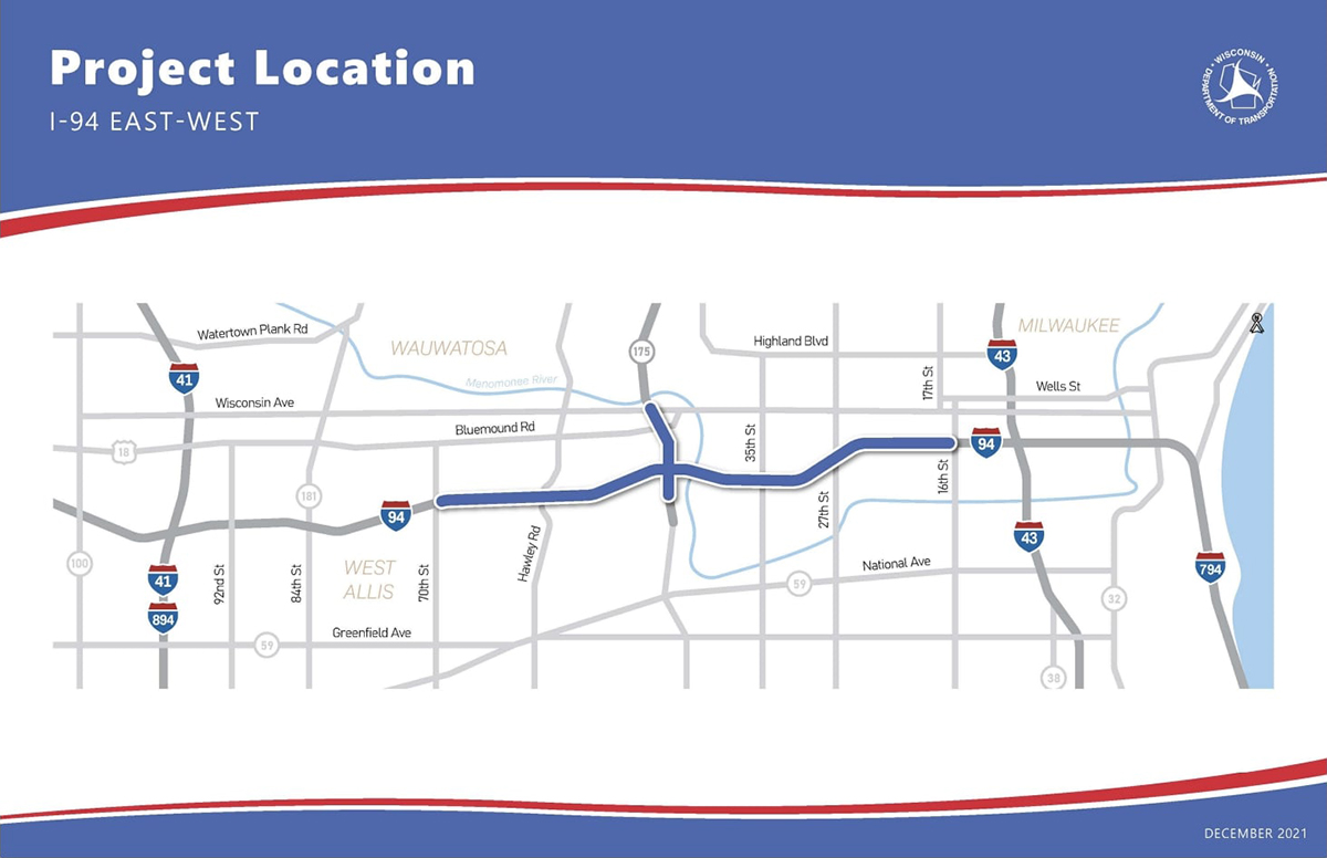 A map titled "Project Location I-94 East-West" shows a map of highways and other roads in Milwaukee and its suburbs, with portions of I-94 and 175 highlighted to indicate the where construction is planned.