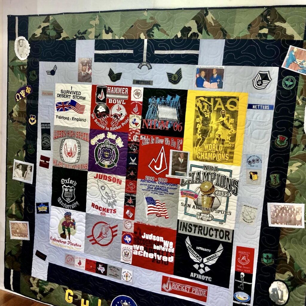 A quilt composed of military memorabilia 