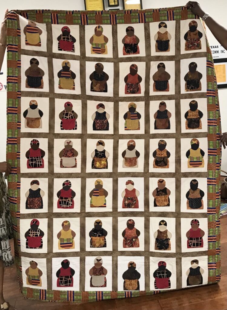 A quilt of diverse women in aprons in head scarves.