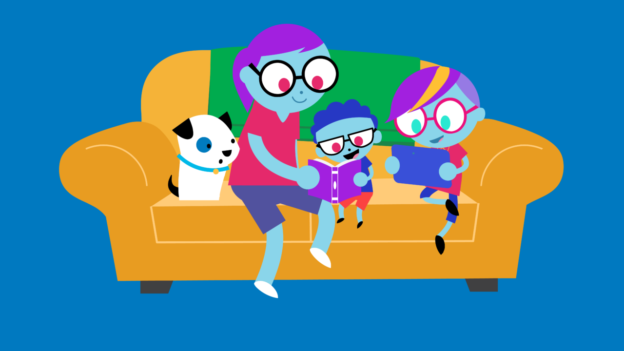 Illustration of a parent, two children, and a small dog reading together on a couch.