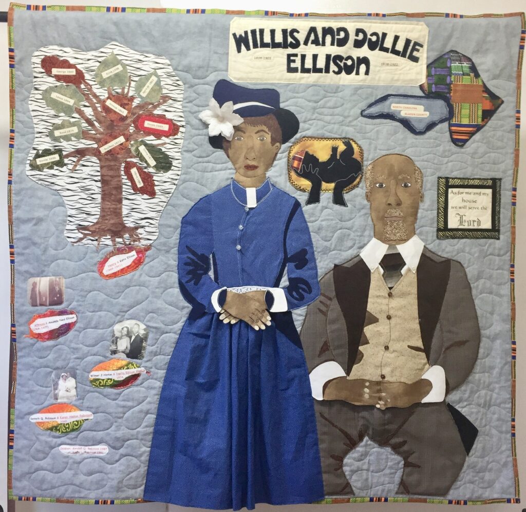 An art quilt of a man and woman sitting in front of their family tree