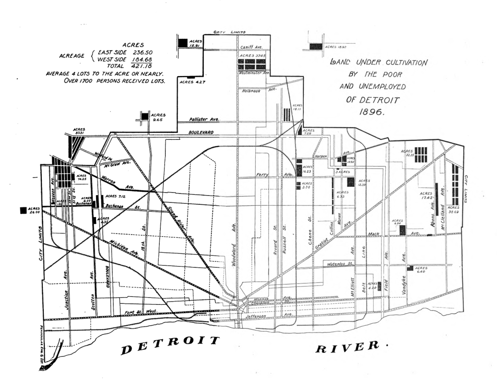An 1893 black and white line map of Detroit plotting the areas where Mayor Pingree offered vacant lots for unemployed families to garden.