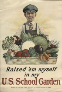 An illustrated poster shows a young boy holding an overflowing basket of vegetables. The poster reads: "Raised 'em myself in my U.S. School Garden."