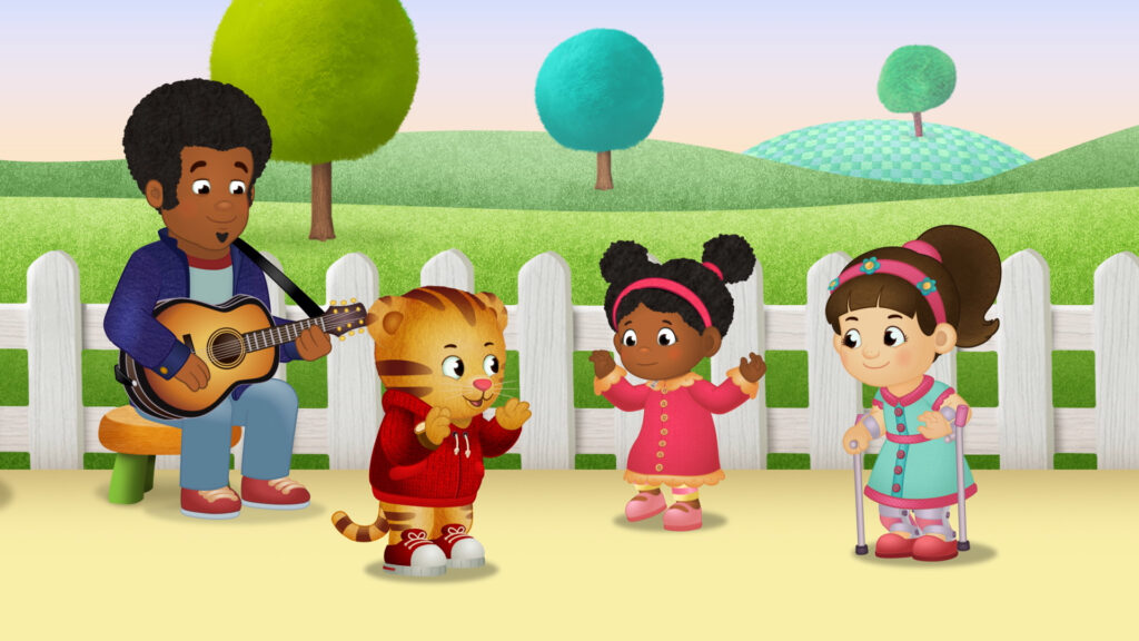 Characters from the PBS KIDS show Daniel Tiger's Neighborhood stand outside singing together.