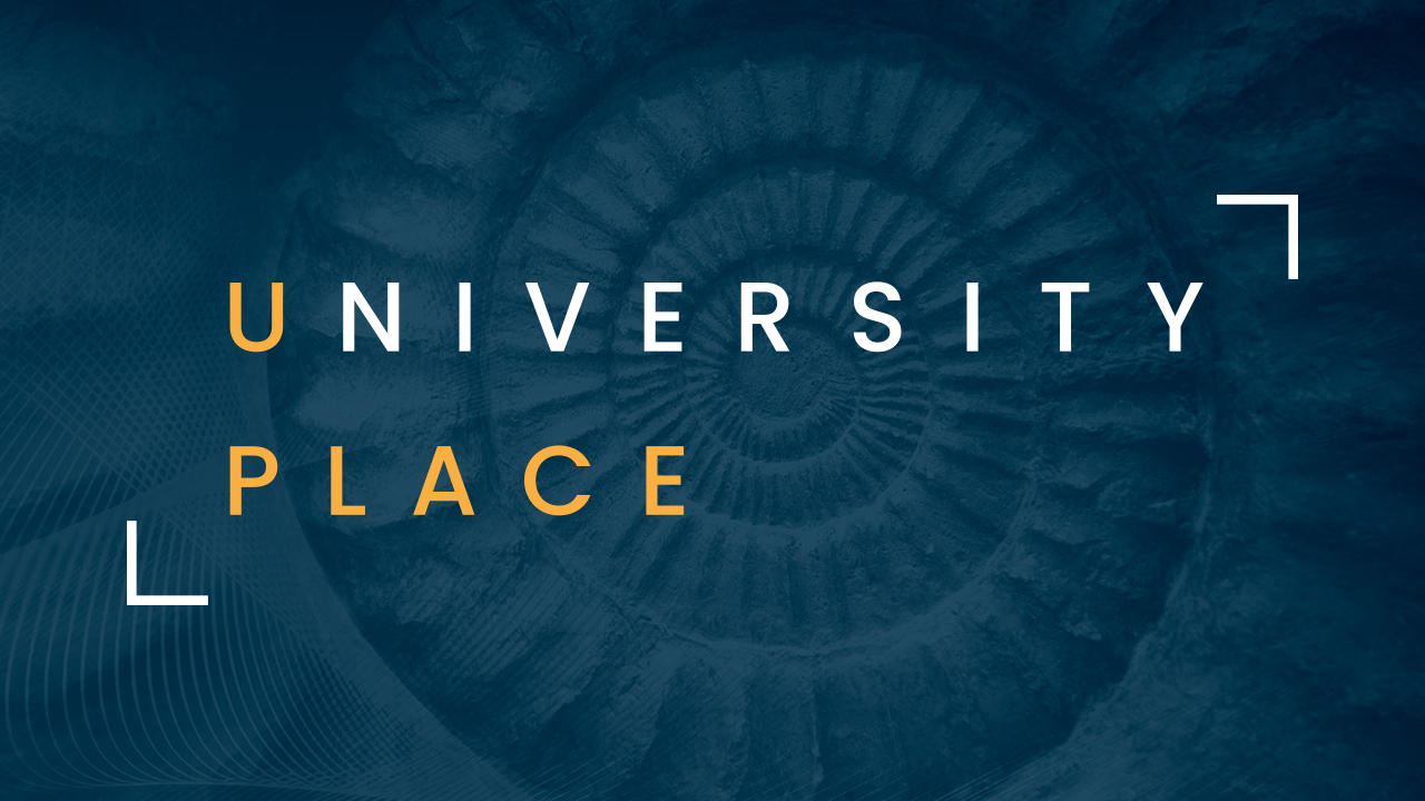 Graphic banner with 'UNIVERSITY PLACE' in bold, contrasting typography against a dark blue textured background with circular patterns.