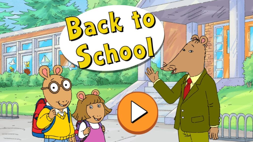 Back to School digital game screenshot with the characters Arthur, D.W. and Mr. Ratburn standing outside school.