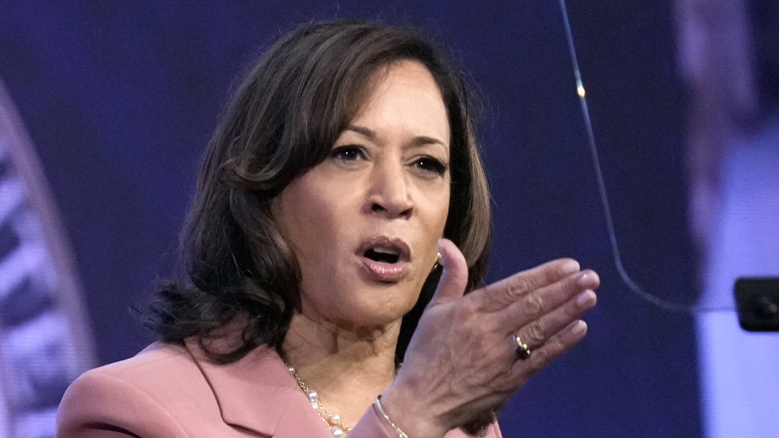 Kamala Harris gestures with her right hand while speaking.