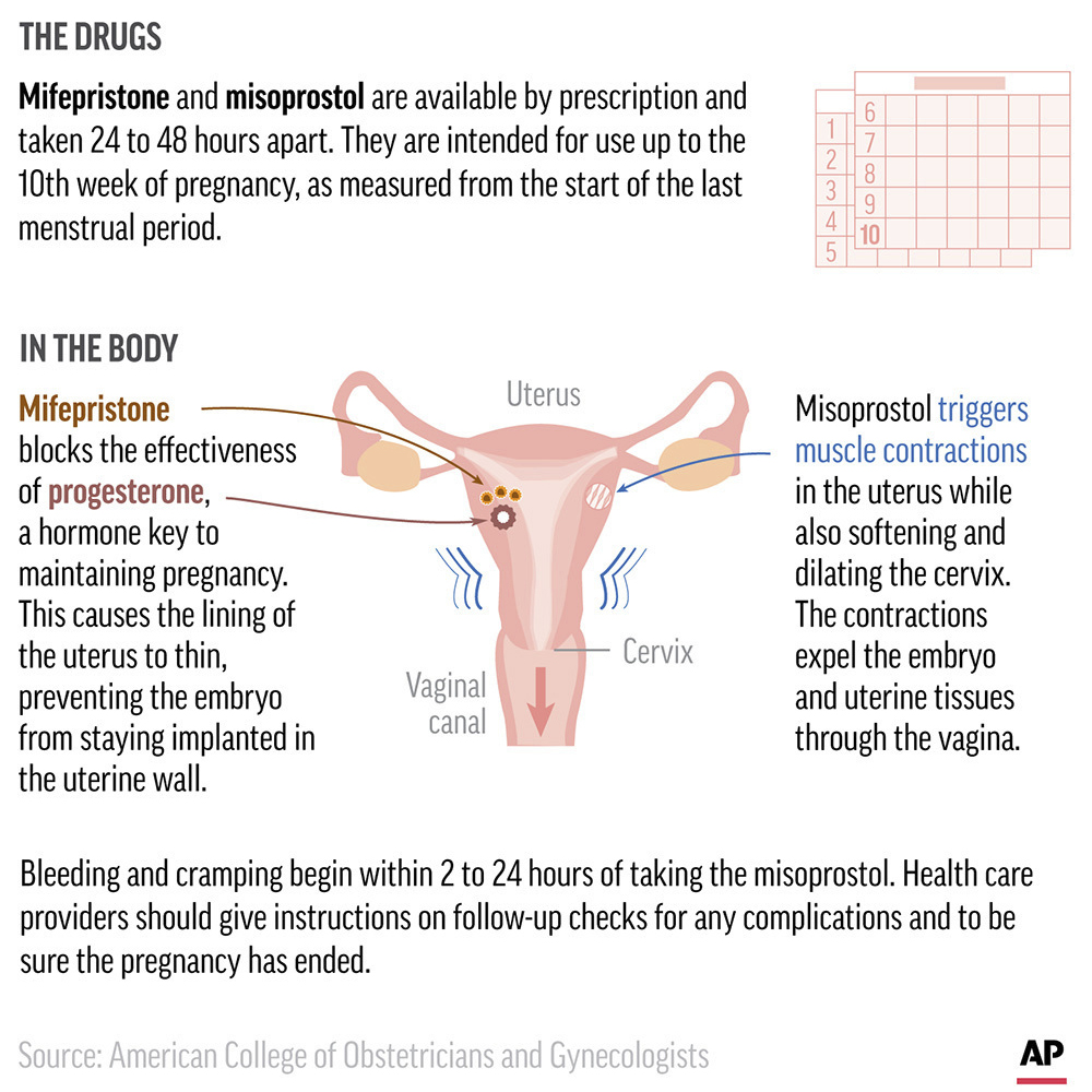 An infographic with graphics and sections of text titled "The Drugs" and "In the Body" detail how the two-drug regiment works in medication abortion.