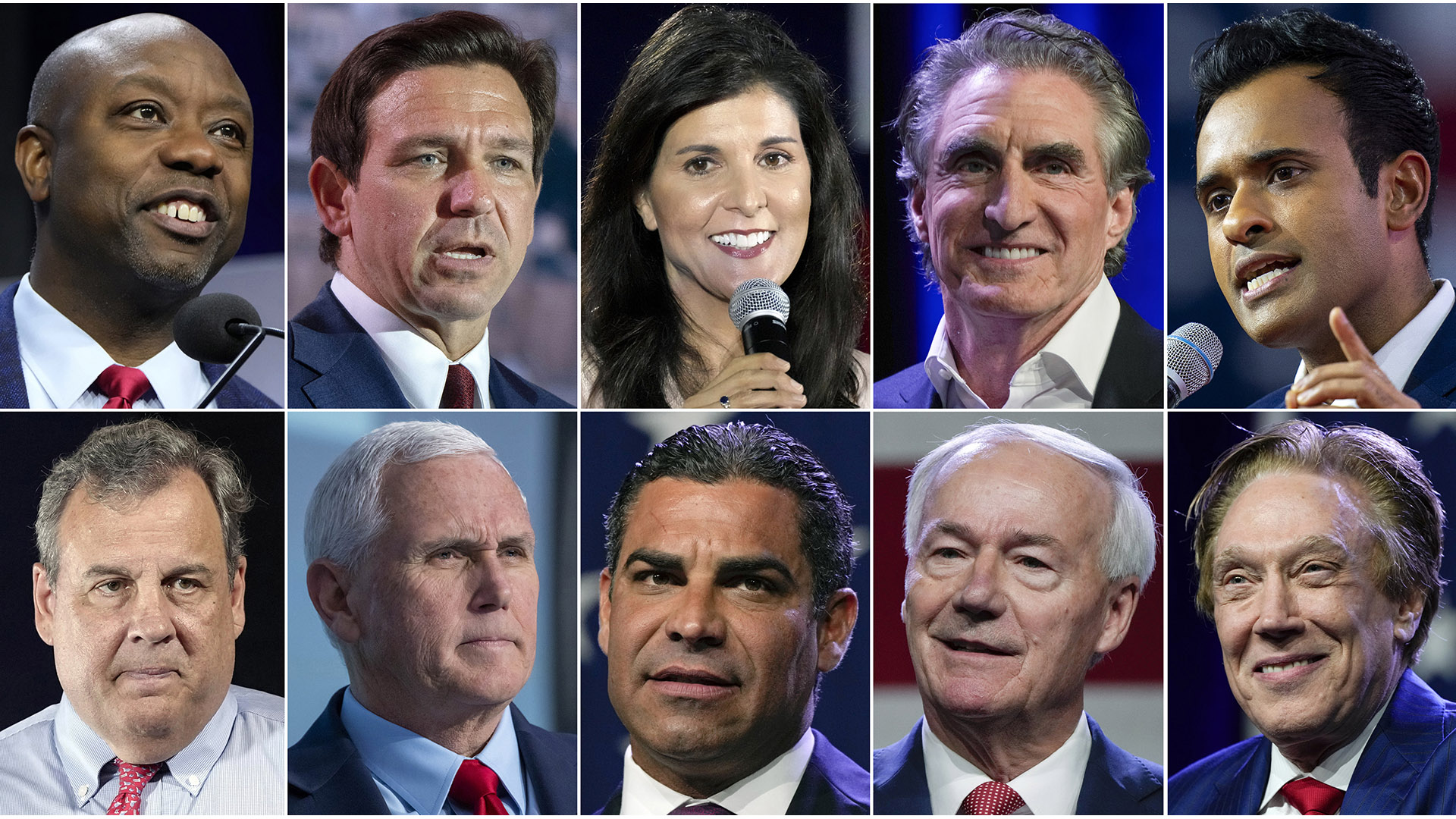 A collage of portraits shows 10 candidates who are running in the Republican presidential primary for the 2024 election.