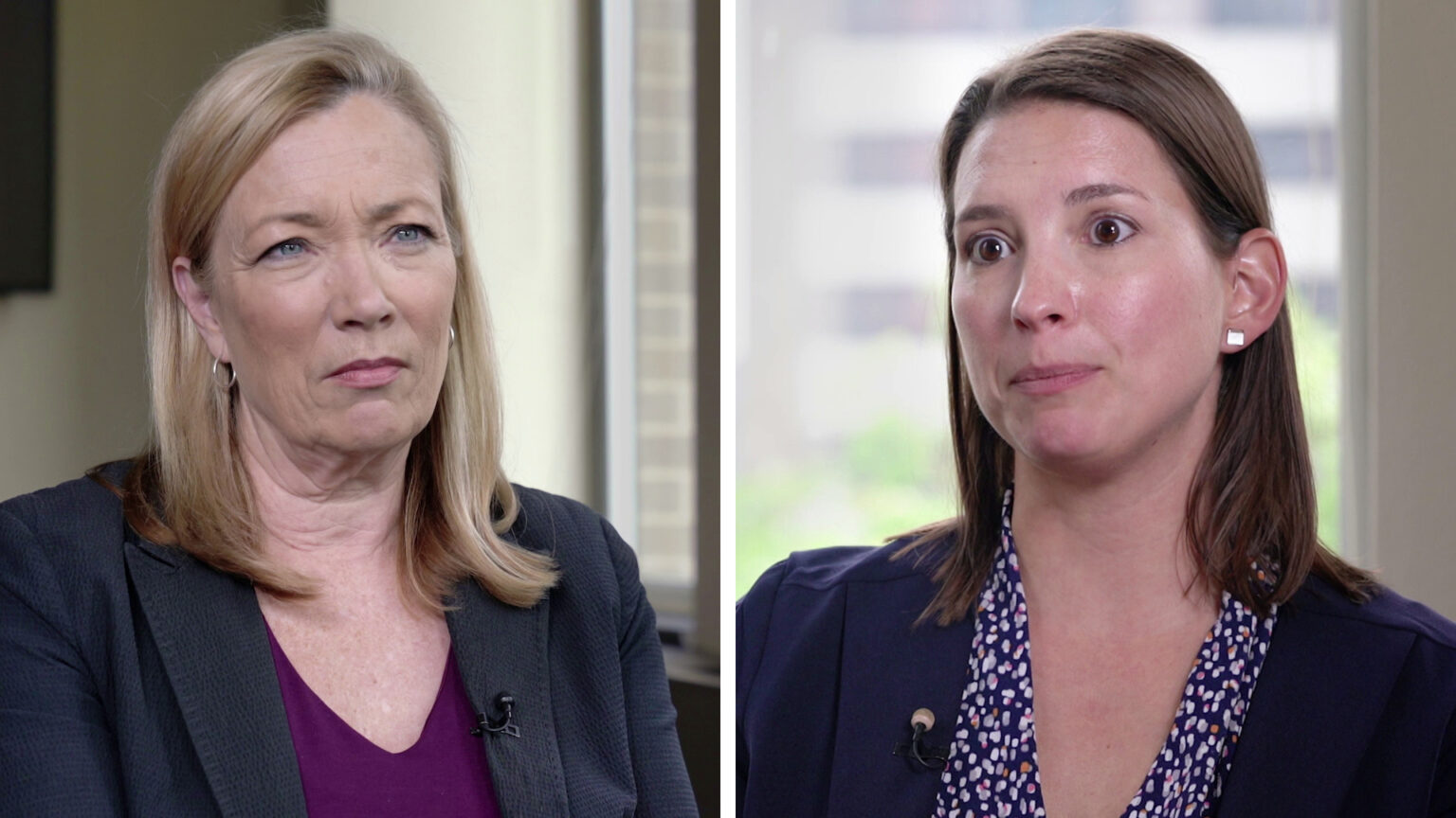 A split screen shows Frederica Freyberg and Alejandra Ros Pilarz seated in different locations in the same room, with windows in the background.