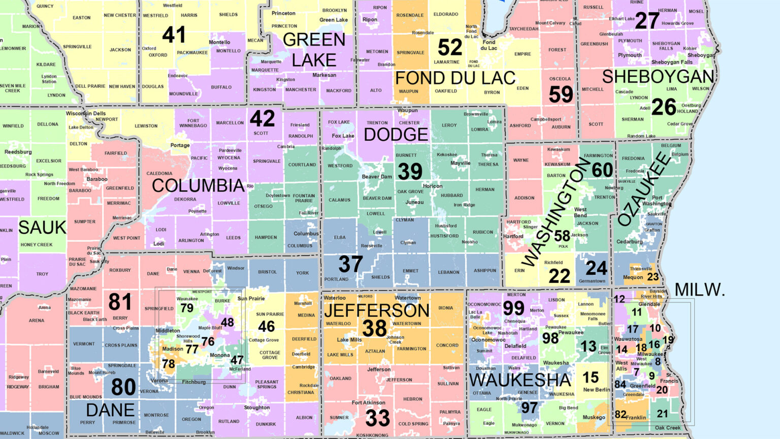 A portion of a map shows the outlines and municipalities included in Wisconsin Assembly districts in east central regions of the state.