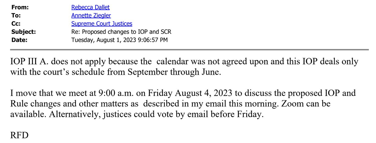 A screenshot shows an email sent by Rebecca Dalllet to Annette Ziegler with "Supreme Court Justices" cc'd sent on August 1, 2023.