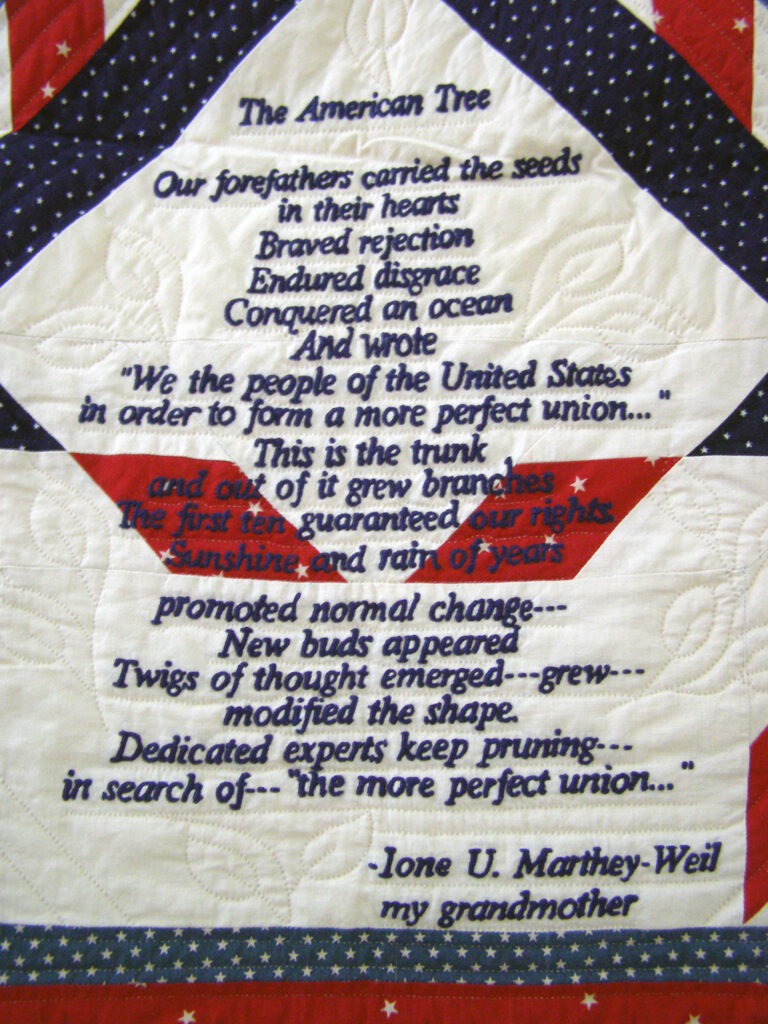 An embroidered poem on a quilt entitled "The American Tree"