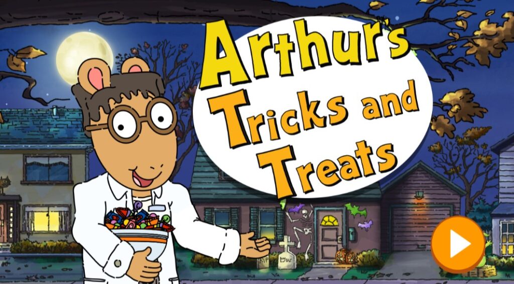The PBS KIDS television character Arthur Read is dressed up as Frankenstein's monster. Next to him, text reads "Arthur's Tricks and Treats".