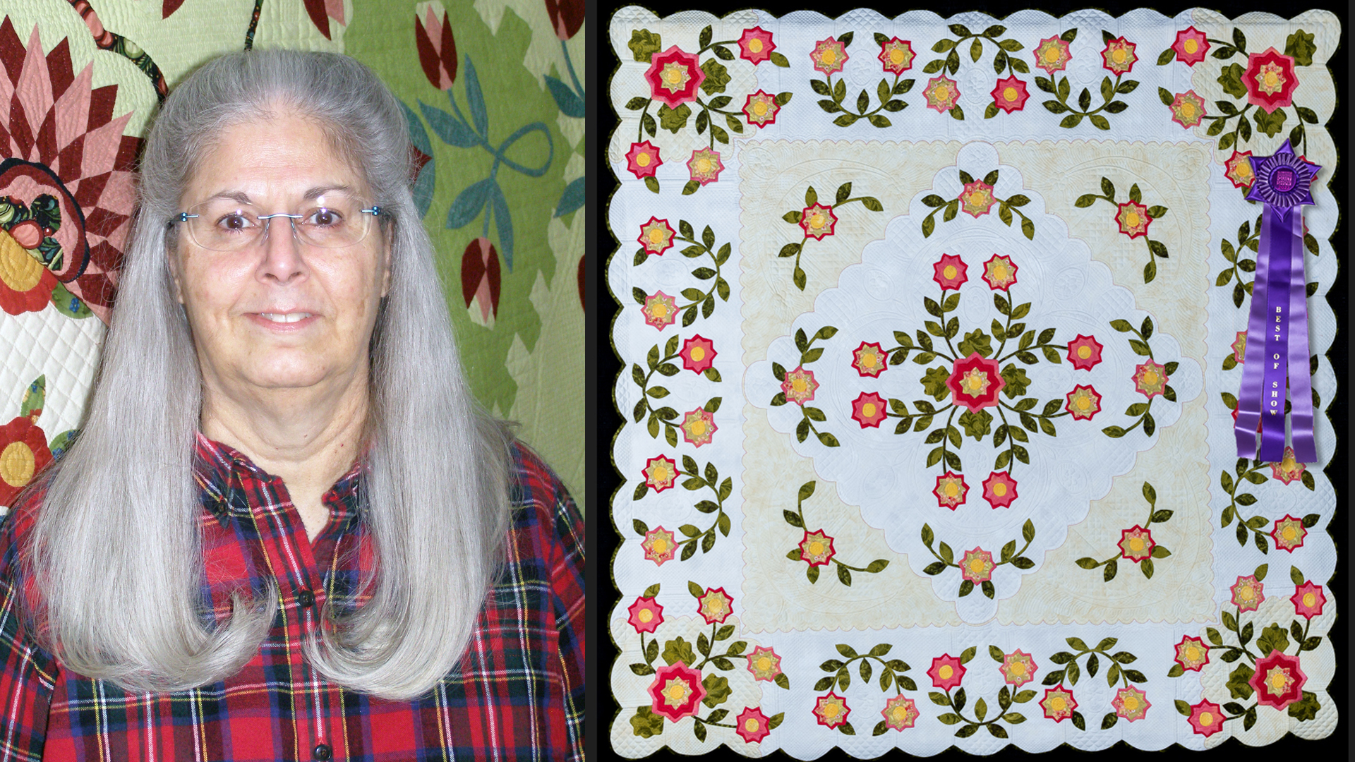 Barbara Clem and her quilt, "Lullaby in 3/4 Time," a floral yellow, white and red medallion quilt.