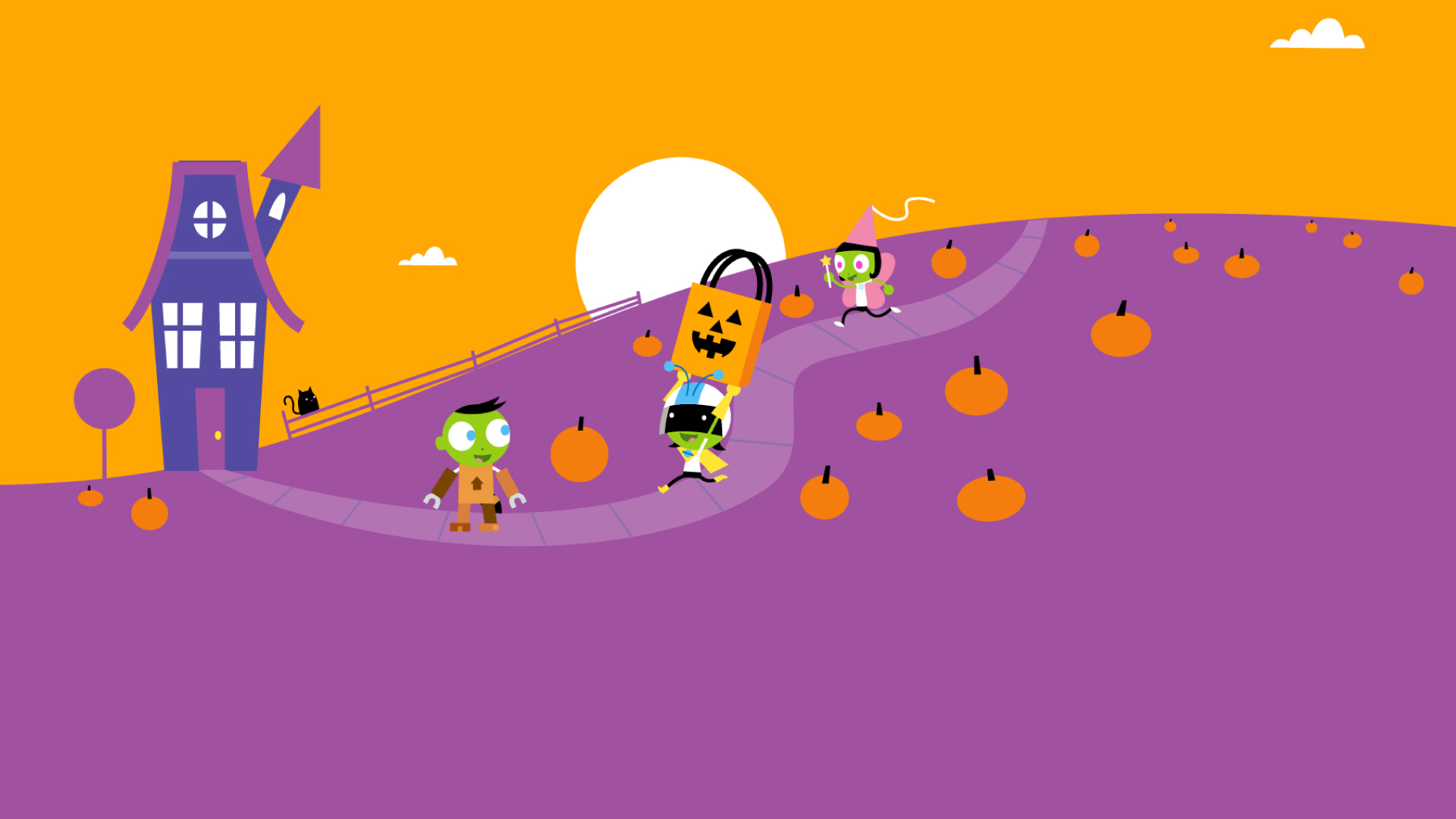 Illustration of the PBS KIDS characters Dee, Dot and Del going trick-or-treating on a path surrounded by pumpkins