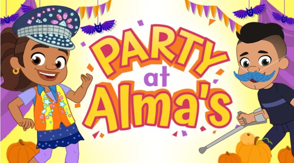 Characters from the PBS KIDS series Alma's Way are dressed up for Halloween. Text reads "Party at Alma's".