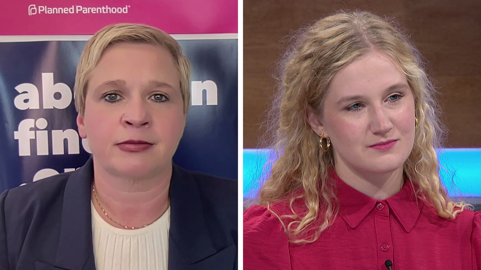 Two side-by-side images show Tanya Atkinson in front of a Planned Parenthood banner and Gracie Skogman on the Here & Now set.