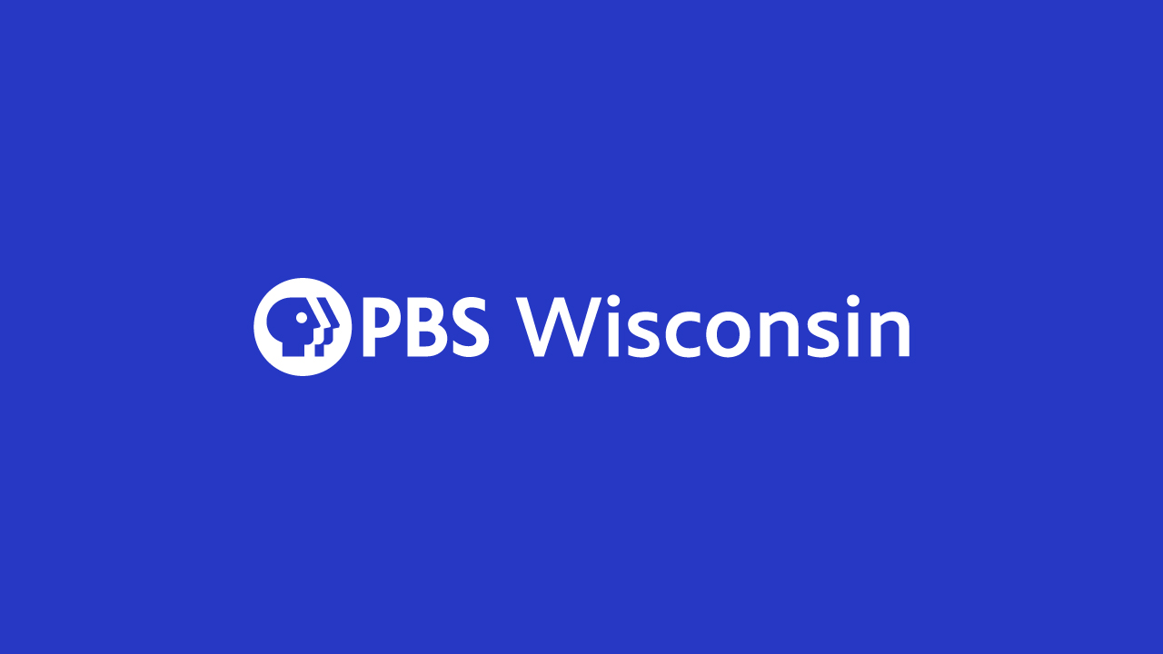 Logo of PBS Wisconsin: White silhouette of a person's head with broadcasting waves on a blue background, accompanied by the text 'PBS Wisconsin' in white.