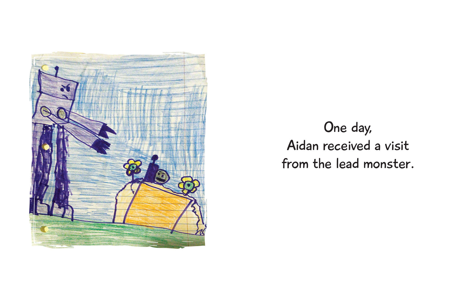 A book from a page shows an illustration on ruled paper alongside the text "One day, Aidan received a visit from the lead monster."