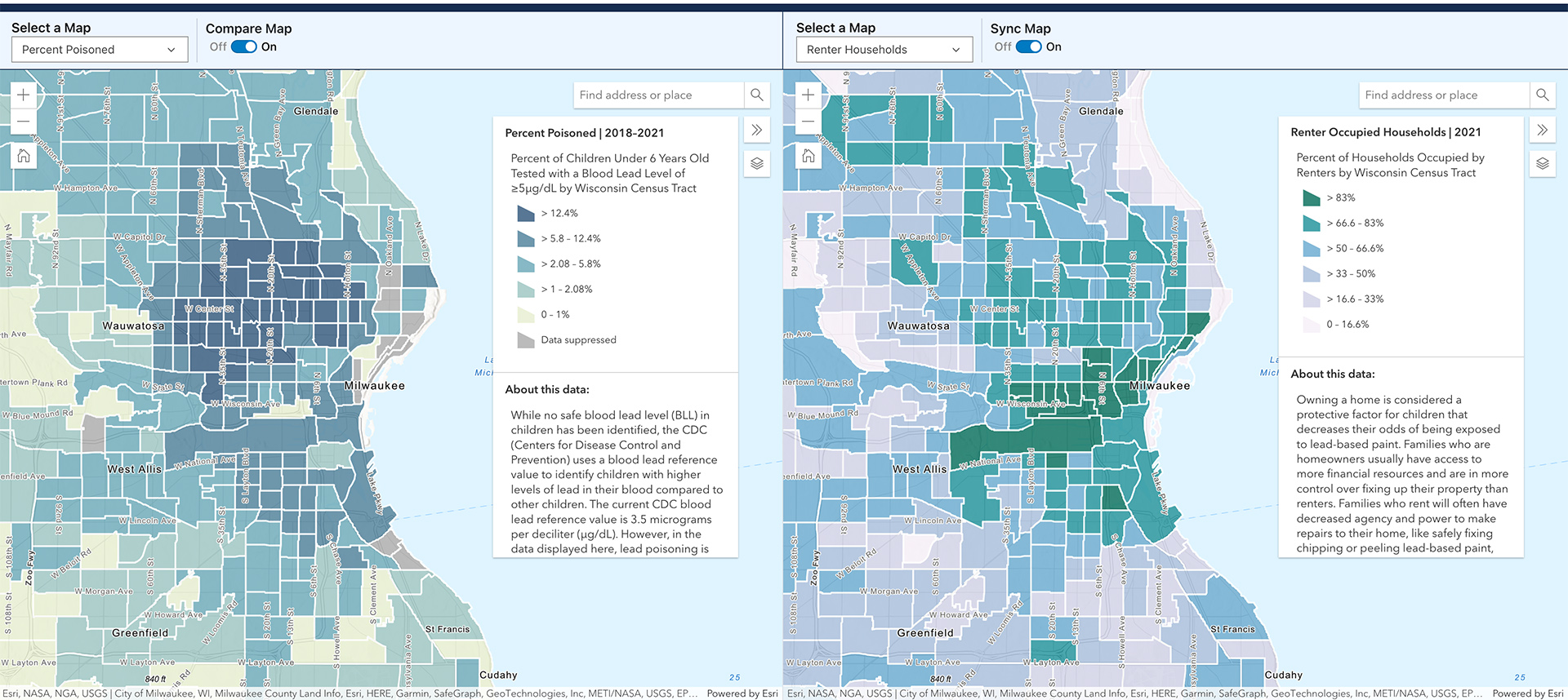 Two side-by-side maps show rates of lead poisoning among children under 6 years old and percent of households occupied by renters in difference census tracts in Milwaukee and surrounding areas, with color coding showing differences in degree for each measure.