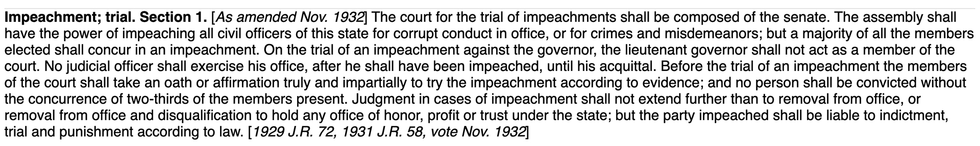 A screenshot shows text that begins with bold text that reads "Impeachment; trial. Section 1."