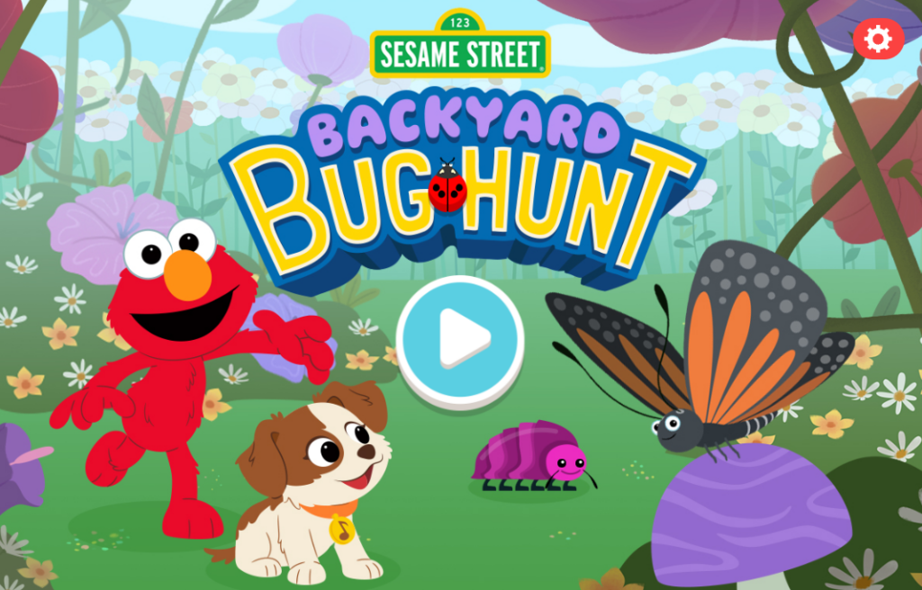 Sesame Street's Elmo and his dog Tango chase bugs outside. Text reads: Sesame Street Backyard Bug Hunt