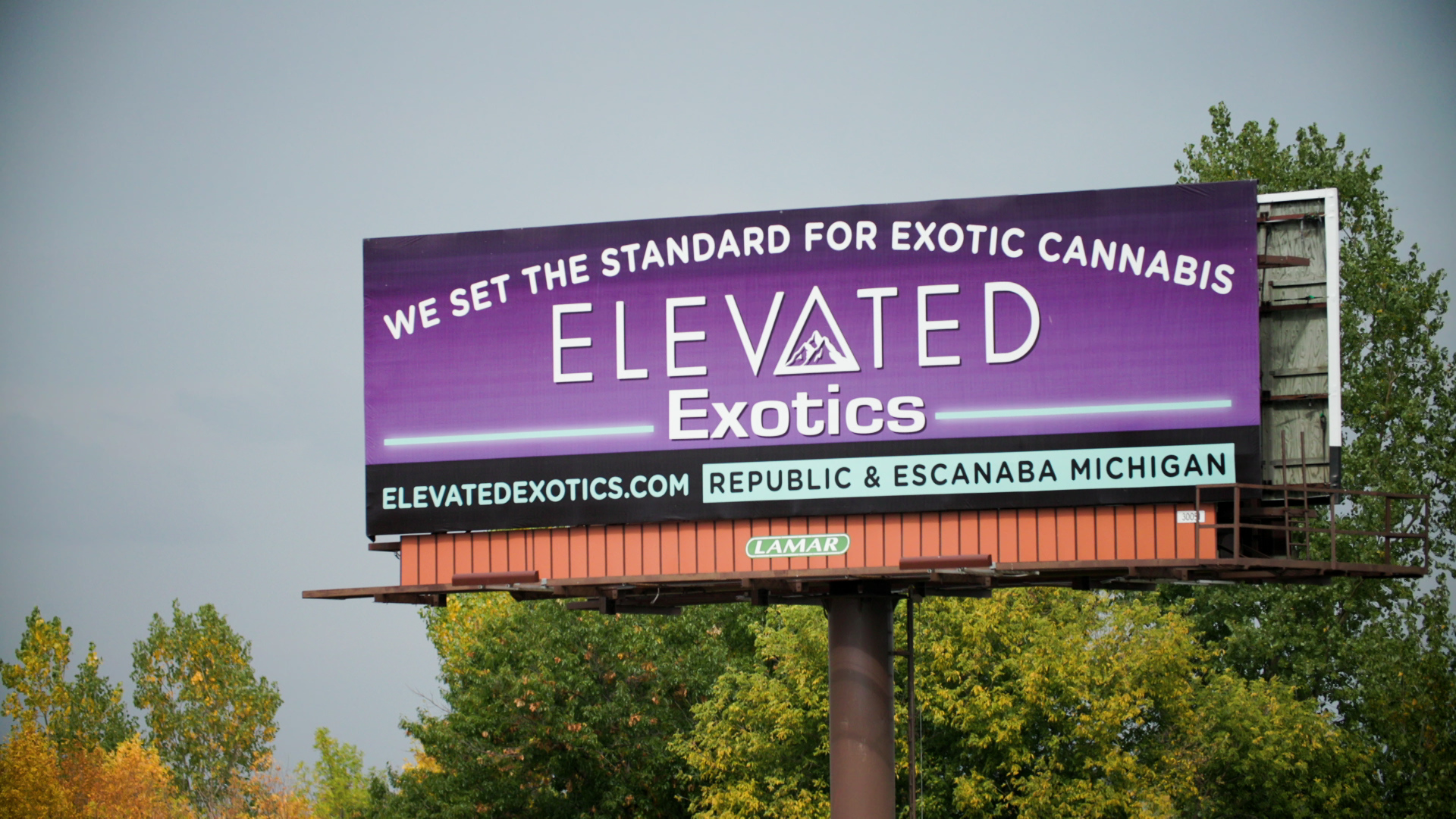A billboard with the words "We Set the Standard for Exotic Cannabis," an "Elevated Exotics" marijuana dispensary logo with a mountain logo in the middle of the "A," and locations of Republic and Escanaba in Michigan stands next to a highway, with trees in the background.