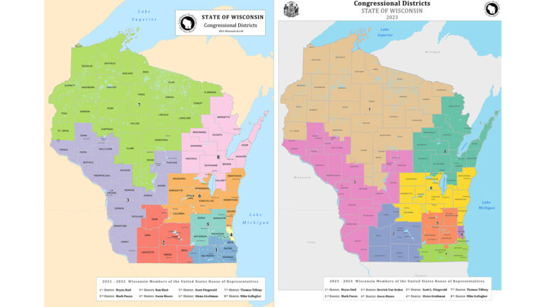 Two side-by-side maps show Wisconsin's eight congressional districts in the 2021-2022 and 2023-24 sessions, with a key showing the U.S. representative for each numbered district.
