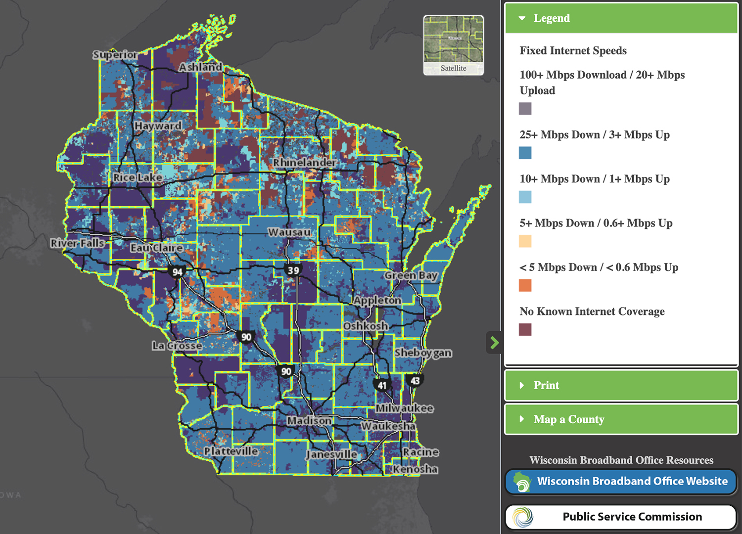 A map of Wisconsin with county outlines shows color-coded fixed internet speeds in different locations around the state.