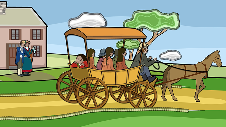 Animation still of Electa Quinney in horse drawn wagon. 