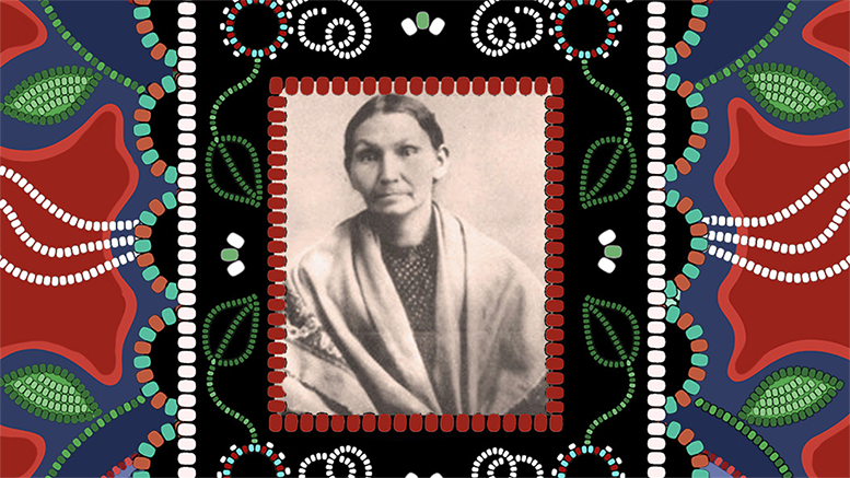 Vintage photograph of a woman in traditional attire framed by colorful tribal patterns in red, blue, and green. The surrounding design features intricate dot and leaf motifs.