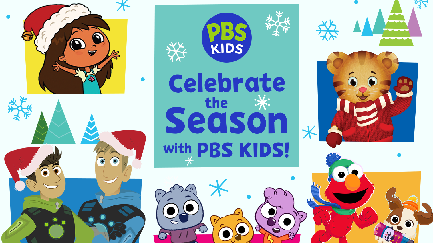 PBS KIDS characters are dressed in winter gear. At the center, text reads: Celebrate the Season with PBS KIDS!
