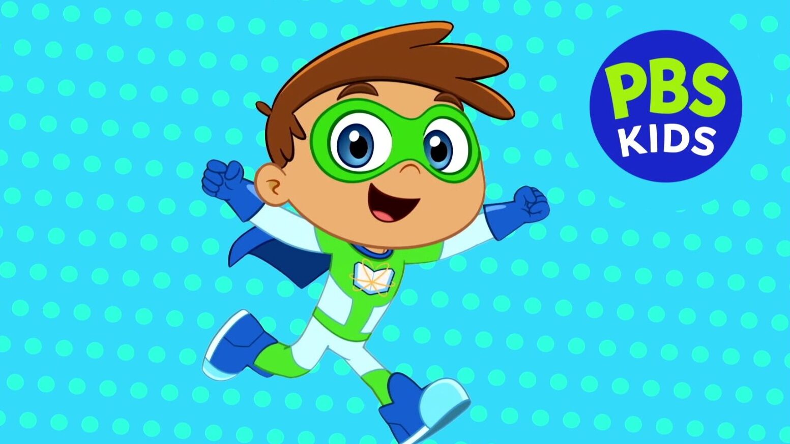 The PBS KIDS character Super Why is smiling with his hands raised in the air.